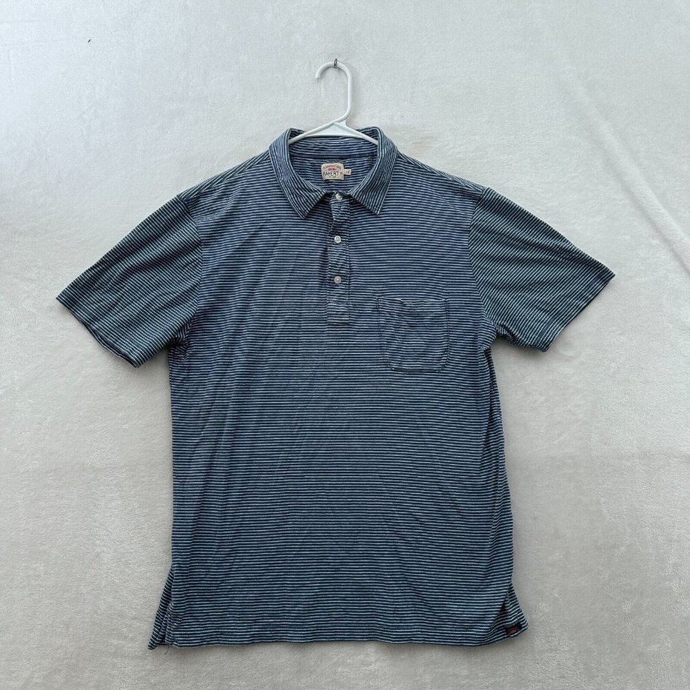 Faherty Polo Shirt Mens L Blue Stiped Pocket Cotton Casual